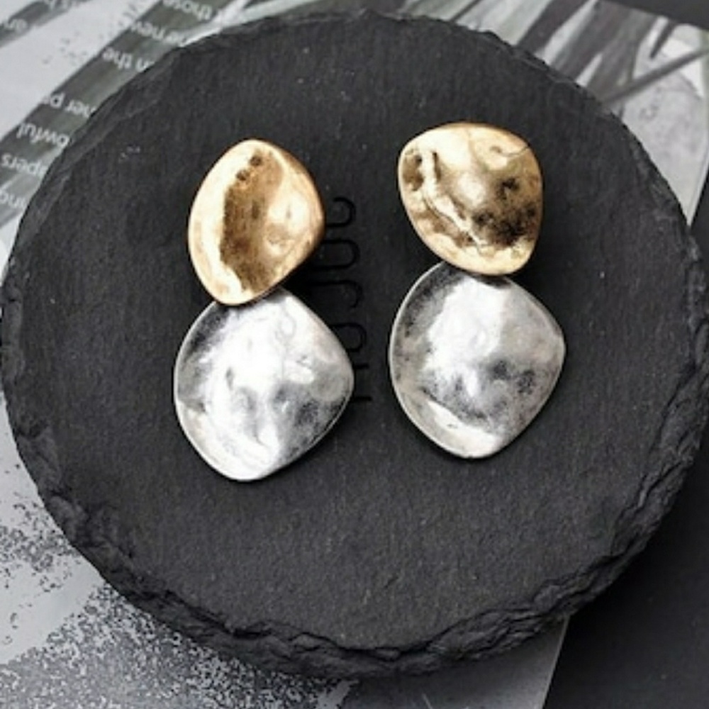 Two Tone Textured Metal Earrings - Picture 2 of 4